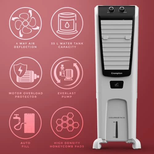 Crompton Cool Breeze TAC Tower Air Cooler- 35L; with Honeycomb pads; White & Black