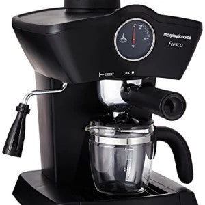 Morphy Richards New Europa espresso and cappuccino coffee maker in black with glass carafe, close-up view