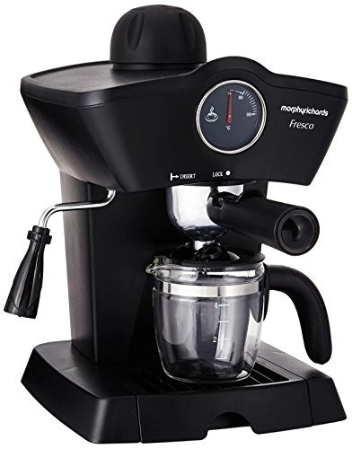 Morphy Richards New Europa black espresso coffee maker with temperature dial, steam nozzle and glass carafe