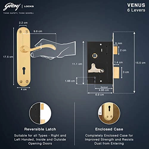 GODREJ DOOR LOCKS COMBIPACK WITH 6 LEVER MORTISE LOCK Venus Brass(7297)