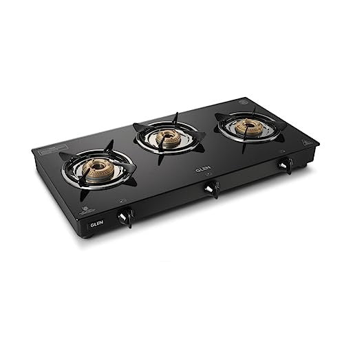 Glen 3 High Flame Brass Burner Toughened Glass Top | LPG Gas Stoves | Black | Manual Ignition | ISI Certified | SS Drip Trays | Revolving Nozzle | Ergonomic Knobs | 2 Year Warranty | 1030 GT HF BB BL