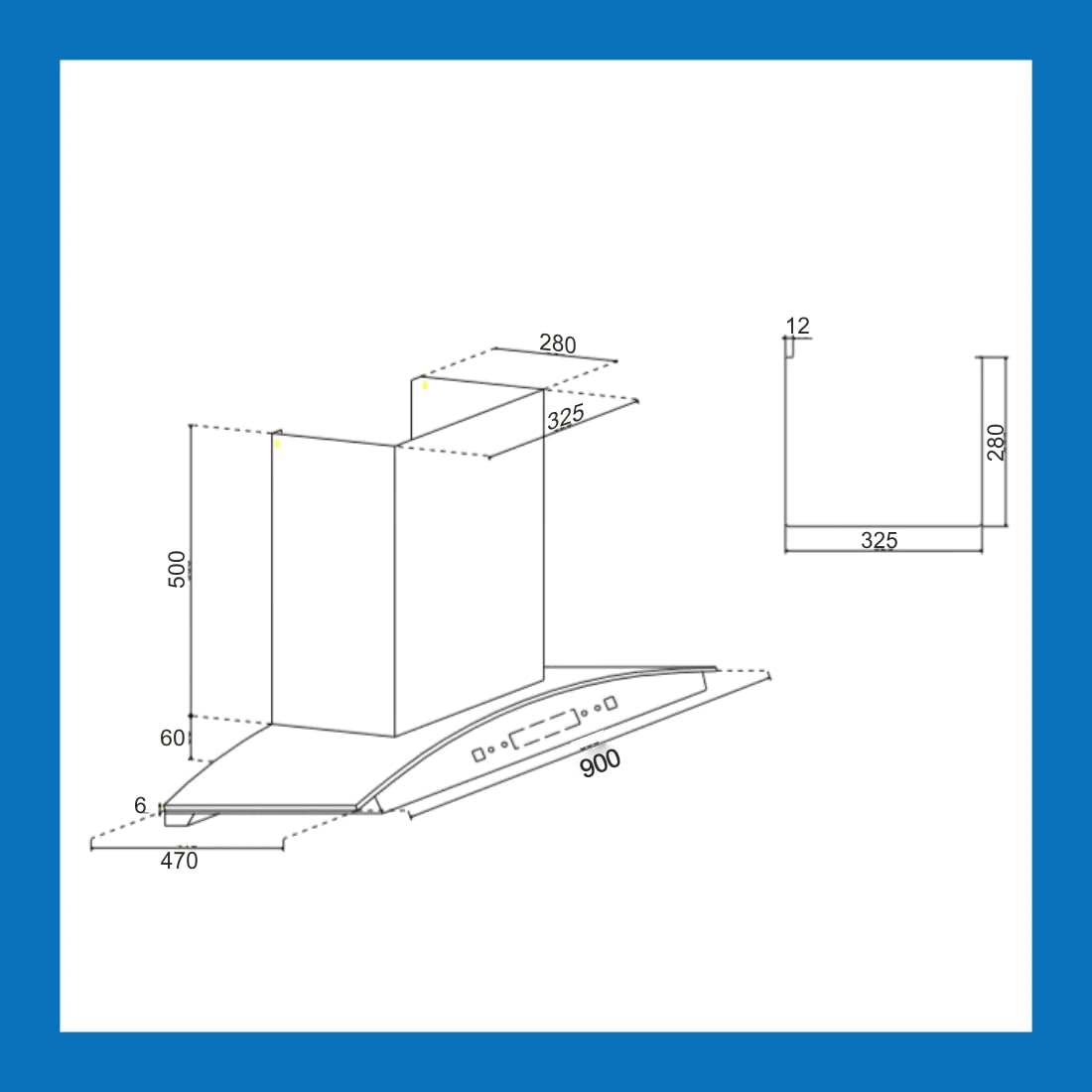 Glen 6061ACBL chimney dimension drawing showing 900 mm width and 470 mm depth