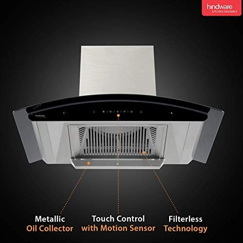 Hindware Auto Clean Kitchen Chimney Nadia 90 cm 1200 m/hr Filterless with MS and Touch Control (Inox, C100219)