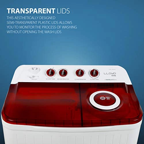 Lloyd 7.5 Kg Semi Automatic Top Load Washing Machine (LWMS75RA1, Red, Active Soak)
