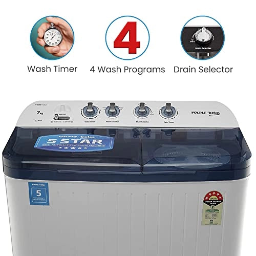 Voltas Beko 7 kg Semi-Automatic Top Loading Washing Machine, Double Waterfall (WTT70DBLT, Sky Blue)