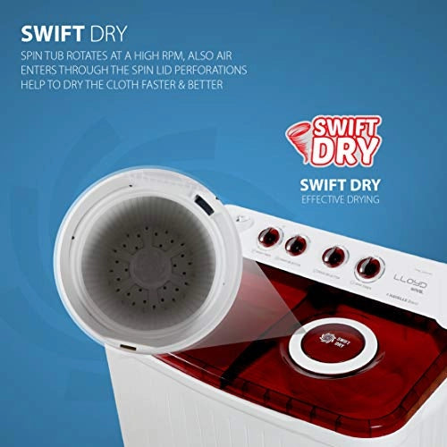 Lloyd 7.5 Kg Semi Automatic Top Load Washing Machine (LWMS75RA1, Red, Active Soak)