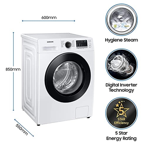 Samsung 8 Kg 5 Star Inverter, Hygiene Steam Fully-Automatic Front Loading Washing Machine (WW80T4040CE1TL, White)