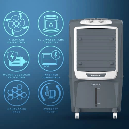 Crompton Gale DAC Desert Air Cooler- 60L, with Honeycomb pads, Grey, (ACGC-GALEDAC60)