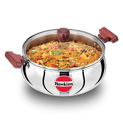 Hawkins 5 Litre Cook n Serve Handi with Glass Lid, Induction Compatible Tri-Ply Stainless Steel Cookware, Cooking Pot, Saucepan, Silver (SSH50G)