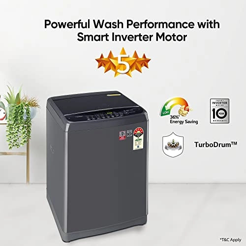 LG 10Kg 5 Star Smart Inverter Fully-Automatic Top Load Washing Machine (T10SJMB1Z, Middle Black, TurboDrum | Jet Spray+)