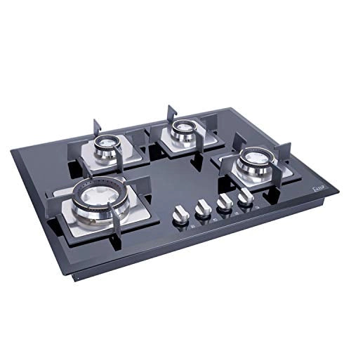 Glen 4 Burner Built in Glass Gas Hob Top with Double Ring Forged Brass Burners, Auto Ignition, Black (BH4B70SQHTDB)