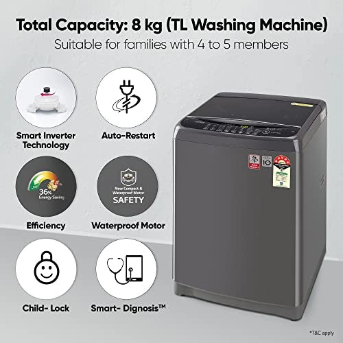 எல்ஜி 8 கிலோ 5 ஸ்டார் இன்வெர்ட்டர் முழு தானியங்கி டாப் லோடிங் வாஷிங் மெஷின் (T80SJMB1Z, மிடில் பிளாக், ஜெட் ஸ்ப்ரே+)