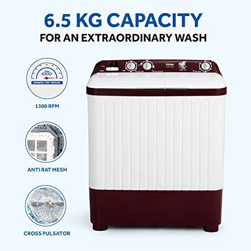 Haier 6.5 Kg Semi-Automatic Top Loading Washing Machine with 1300 RPM, Rust Free Cabinet (HTW65-187BO, Burgundy)