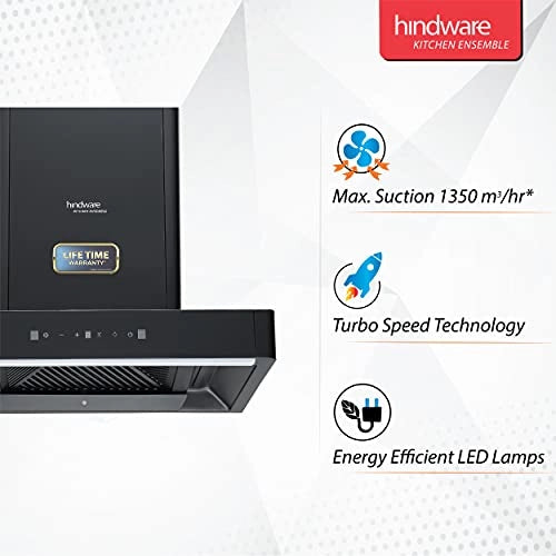 Hindware Optimus 60 cm 1400 m³/hr Filterless Auto-Clean Wall Mounted Kitchen Chimney with Motion Sensors, Touch Control, MaxX Silence Technolog