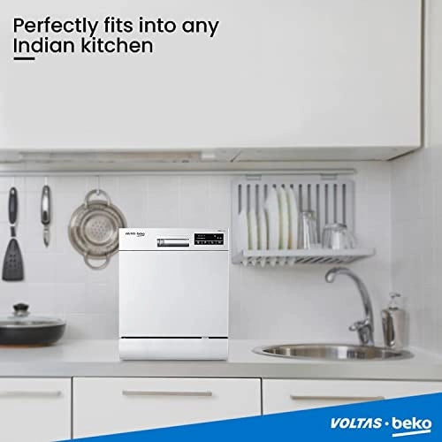 Voltas Beko 8 Place Settings Table Top Dishwasher (DT8S, Silver, Inbuilt Heater)