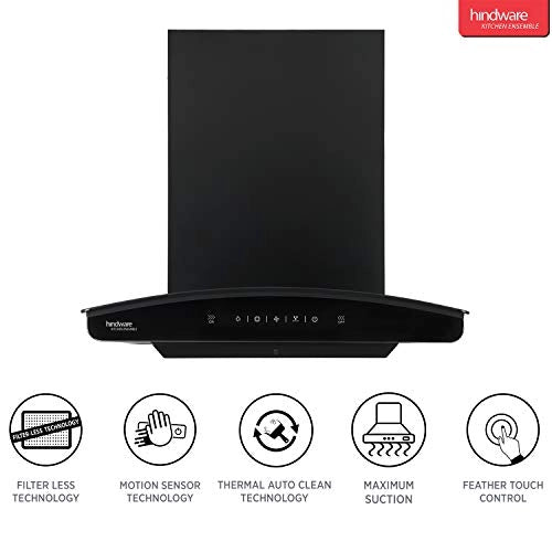 Hindware Nadia 60 cm 1200 m/hr Filterless Auto-Clean Kitchen Chimney with MS and Touch Control (Black, C100220)