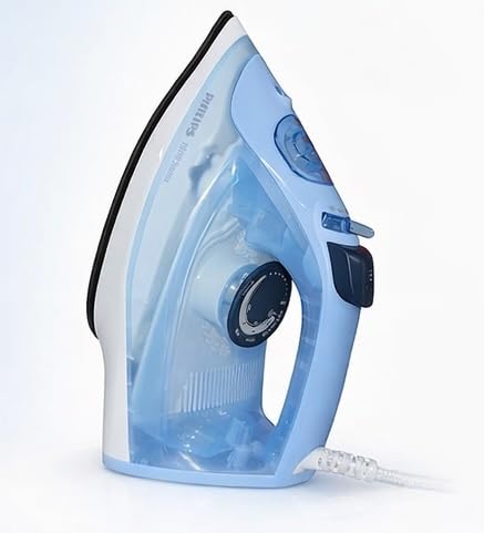 Philips DST1510/20 blue and white steam iron shown from the side with dial and cord