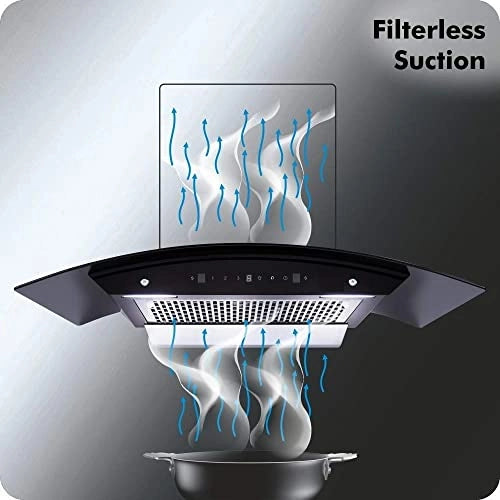 Hindware Chromia BK60 chimney graphic illustrating filterless suction drawing smoke up from a pan