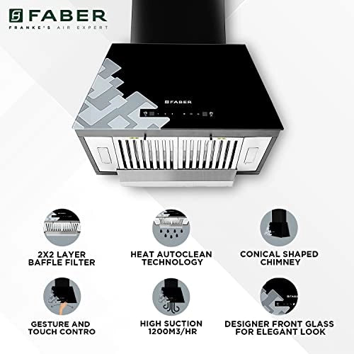 Faber 60 cm, 1200 m3/hr Auto-Clean Chimney (HOOD JARVIS HC SC BK 60, Baffle filter, Touch & Gesture Control, Black)