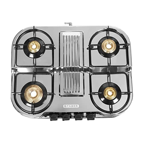 Faber ASTRA 4BB SS Gas Stove: 4-Burner Glass Cooktop with Stainless Steel Finish and Manual Ignition