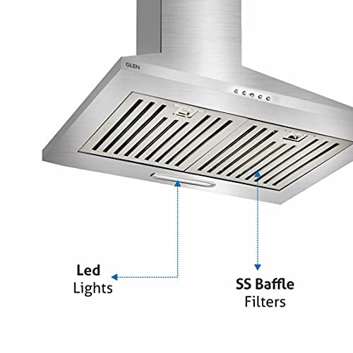 Glen 60cm 1000 m/hr Pyramid Kitchen Chimney Push Buttons Baffle Filters (6050 DX SS Junior, Silver)