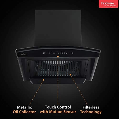 Hindware Nadia 60 cm 1200 m/hr Filterless Auto-Clean Kitchen Chimney with MS and Touch Control (Black, C100220)