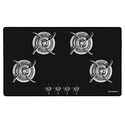 Faber Hob/Hobtop 4 Brass Burner Electric Auto Ignition, Glass Top (HOB ULTIMA PLUS HT904 CRS BR CI AI) - Black, 90 cm
