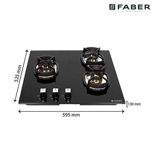 Faber Hob/Hobtop 3 Brass Burner Auto Electric Ignition,Glass Top (Nexus IND HT603 CRS BR CI AI) Black