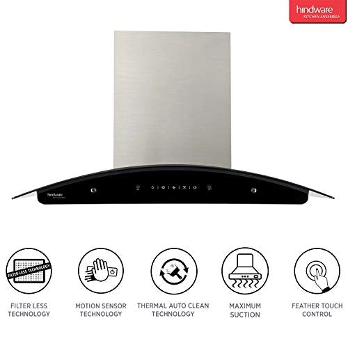 Hindware Auto Clean Kitchen Chimney Nadia 90 cm 1200 m/hr Filterless with MS and Touch Control (Inox, C100219)