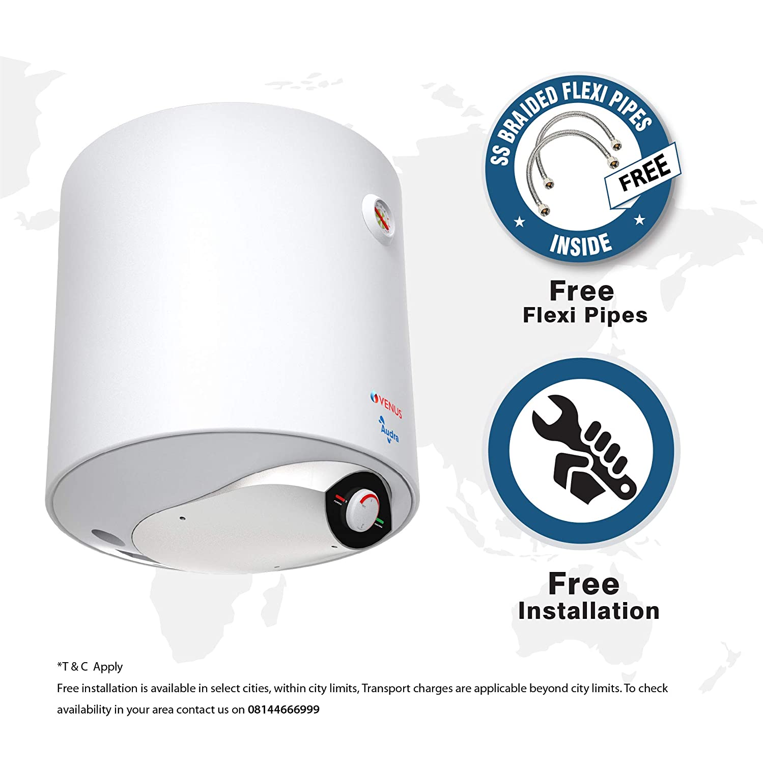 VENUS Audra 10AV 10-Litre (White) Water Heater, Porcelain Enamelled Glass Lined Tank, BEE Star Rating - 5 Stars:ISI ;Free Flexible Hose