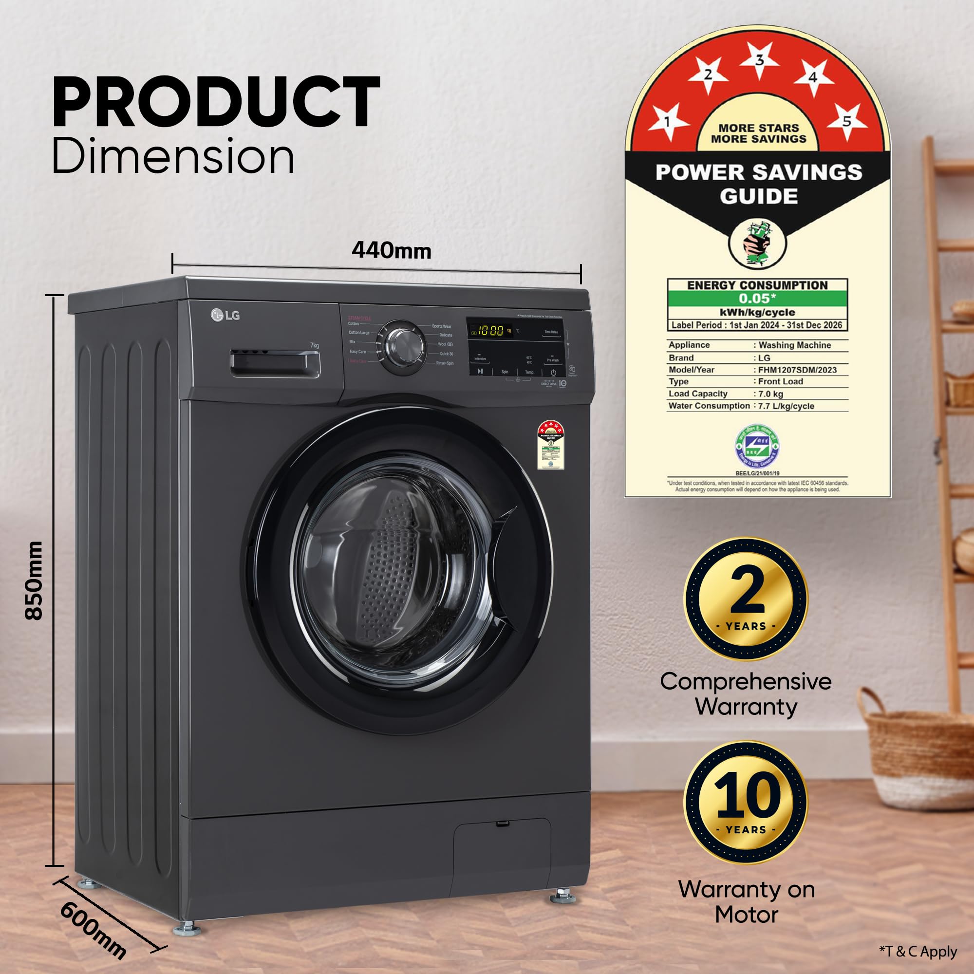 LG 7 Kg, 5 Star, Direct Drive Technology, Steam Wash, 6 Motion DD, Smart Diagnosis, Fully-Automatic Front Load Washing Machine (FHM1207SDM, Allergy Care, In-Built Heater, Touch Panel, Middle