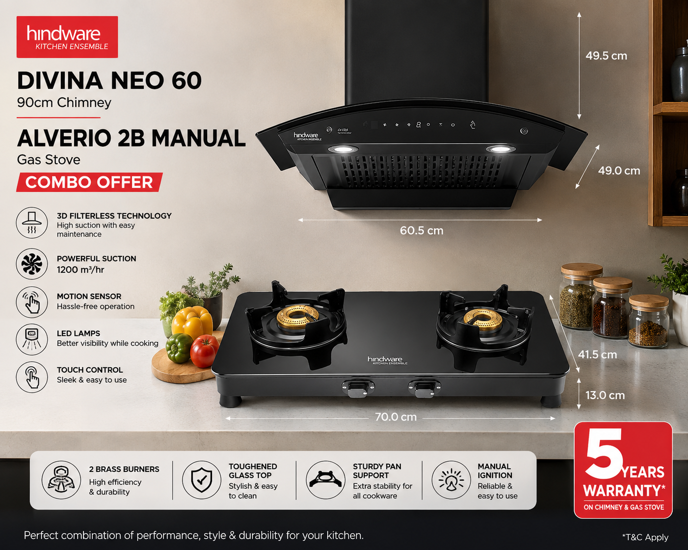 Hindware Divina Neo 60 Chimney + Alverio 2 Burner Manual Cooktop Combo