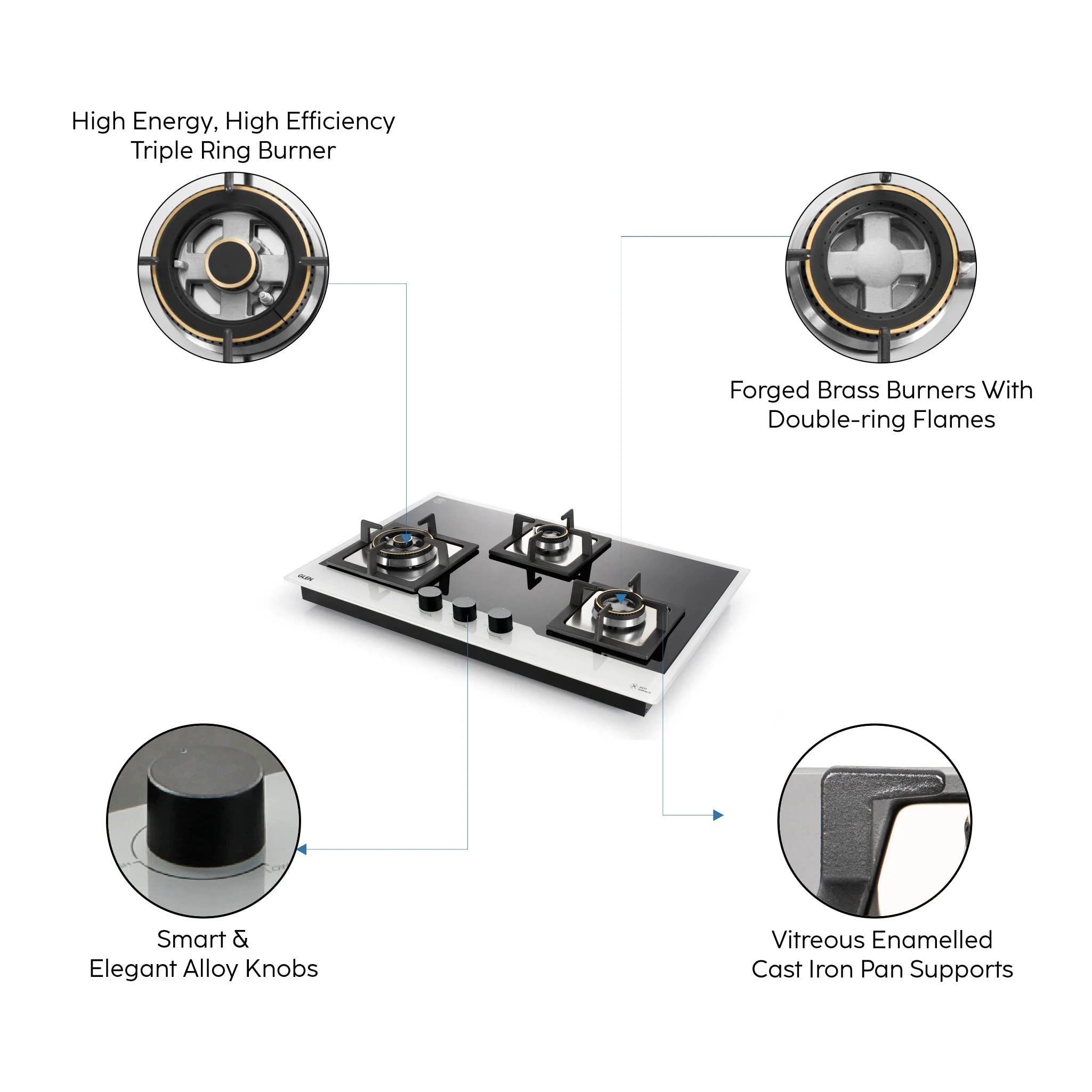 Glen 3 Burner Built In Glass Hob|Auto Ignition|8 Mm Thick Toughened Glass|Double Ring Forged Brass Burners|European Gas Valves|Warranty 2 Years Standard & 5 Years Glass|1073 Xl Ht Db Bw - Bla