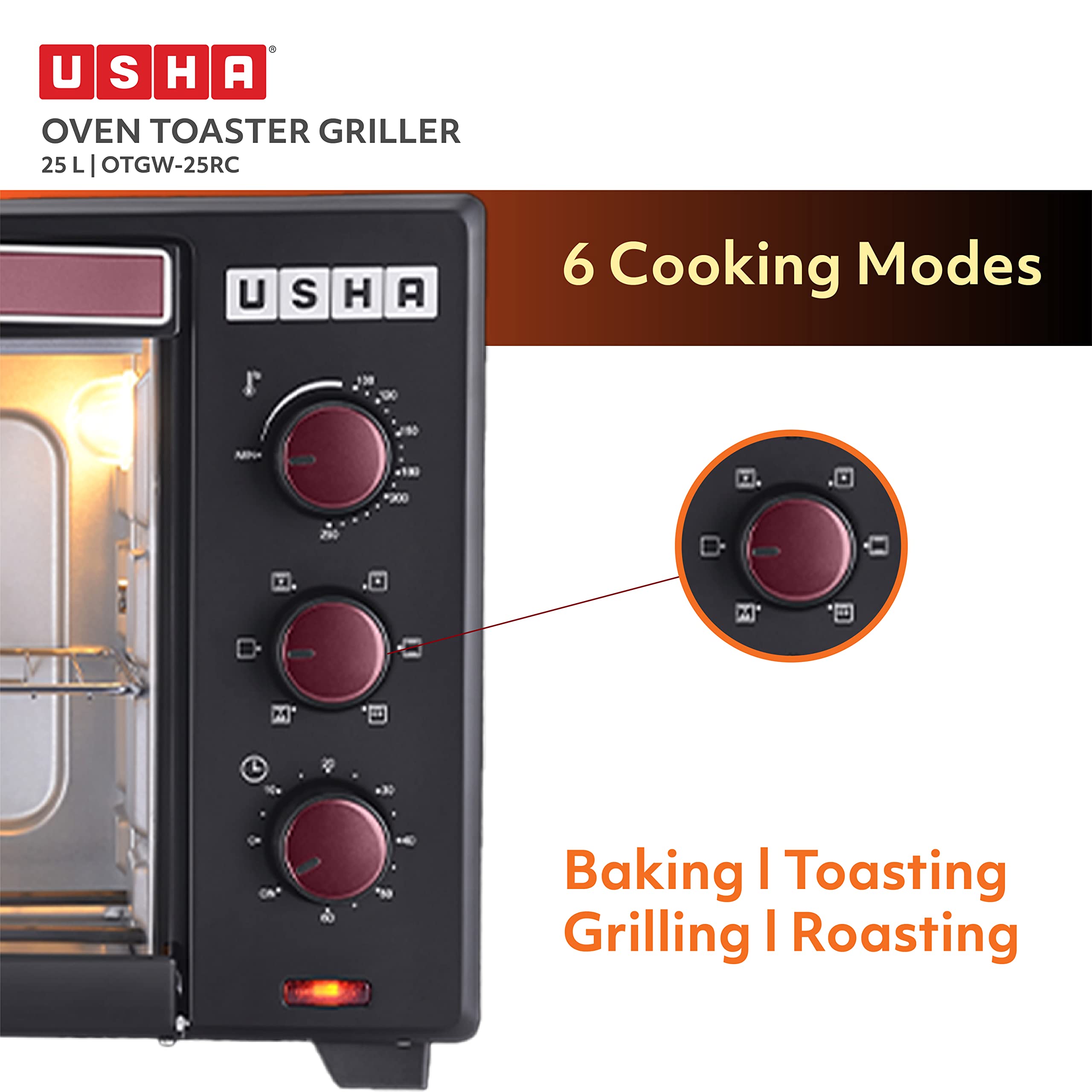 USHA 25L (OTGW 25RC) Oven Toaster Grill (Wine & Matte Black), Medium (OTGW25RC)