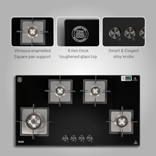 Glen 4 Burner Built In Glass Hob | Auto Ignition | 8 MM Toughened Glass | Black |Forged brass burners with double-ring flames | Warranty 2 Years Standard & 5 Years Glass |1094 XL SQ HT DB TR