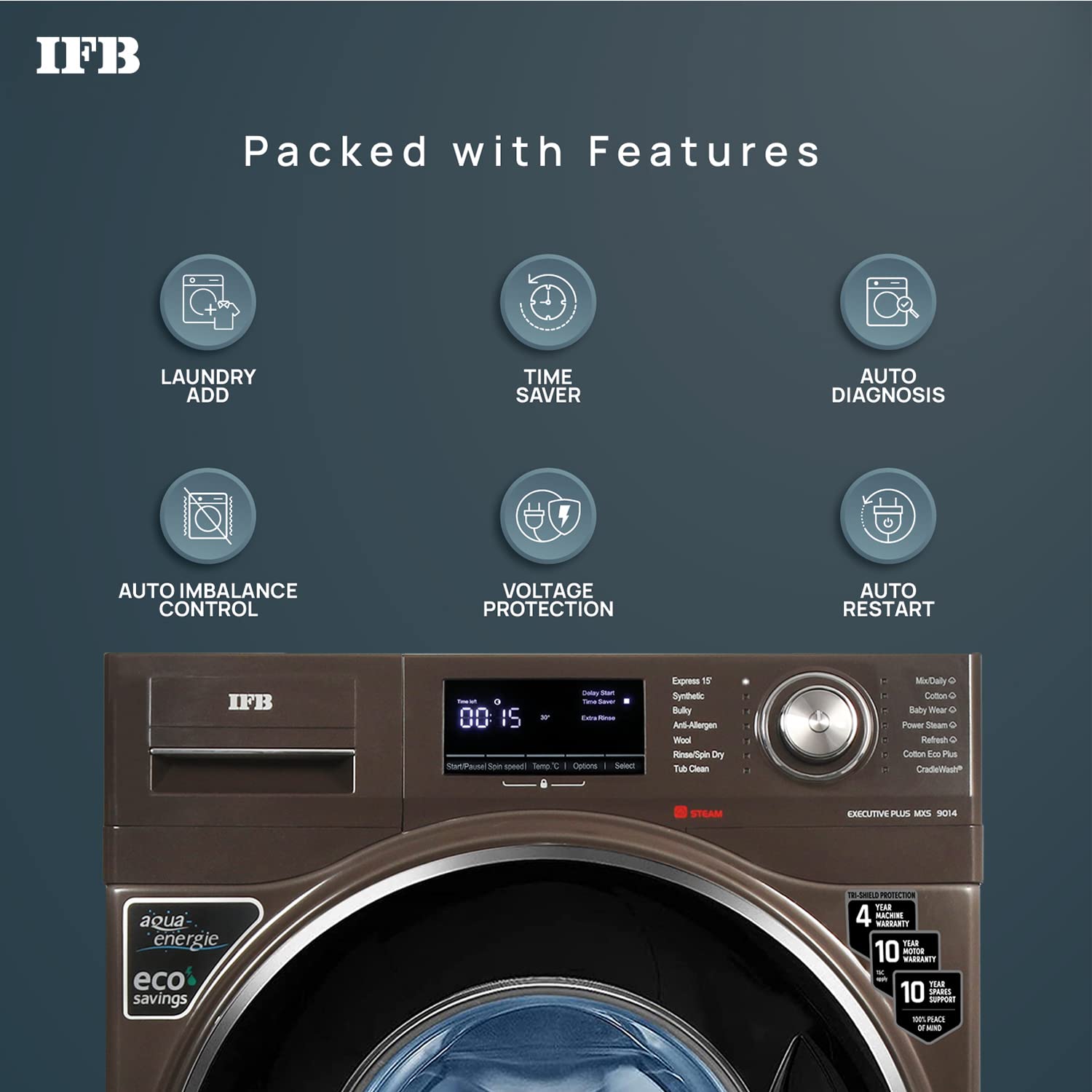 IFB 9 Kg 5 Star Front Load Washing Machine 2X Power Steam (EXECUTIVE PLUS MXS, Mocha, In-built Heater, 4 years Comprehensive Warranty) Visit the IFB Store