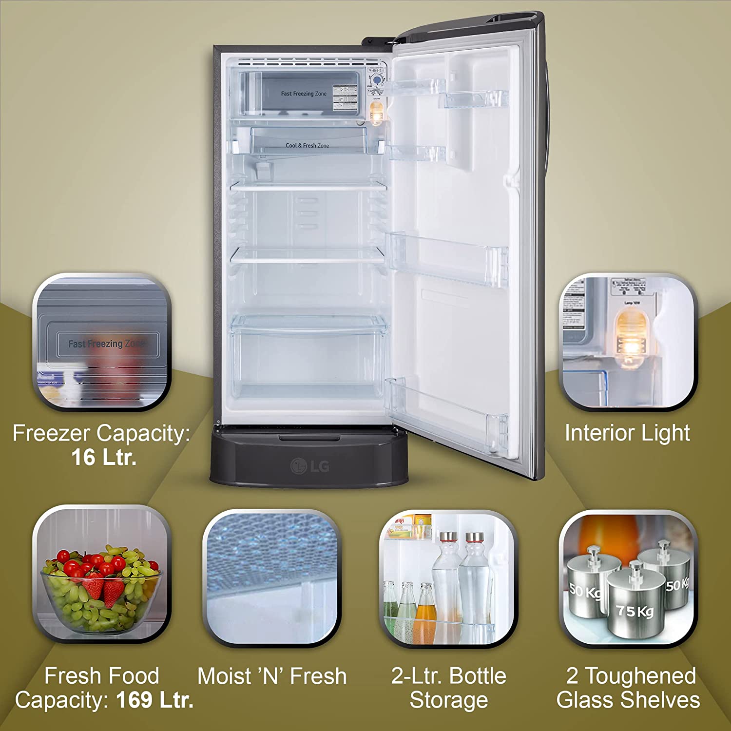 LG 185 L 3 Star Direct-Cool Single Door Refrigerator (GL-D201APZD, Shiny Steel, Base stand with Drawer, Gross Volume- 190 L)