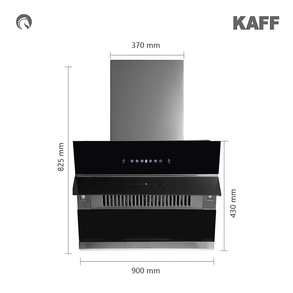 Kaff NOBELO TX DHC 90 chimney dimensions diagram: 900 mm width, 825 mm height, 430 mm depth