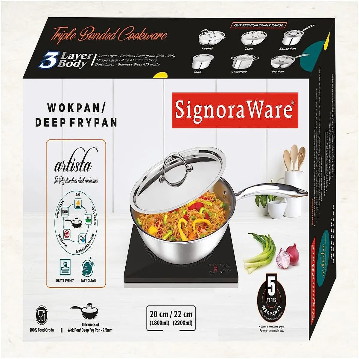 SignoraWare Artista Tri-Ply Stainless Steel Induction Compatible Triply WOKPAN / DEEP FRYPAN with Stainless Steel Lid (Induction and Gas Compatible), 22cm, Capacity 2200 ml,Set of 1, Silver