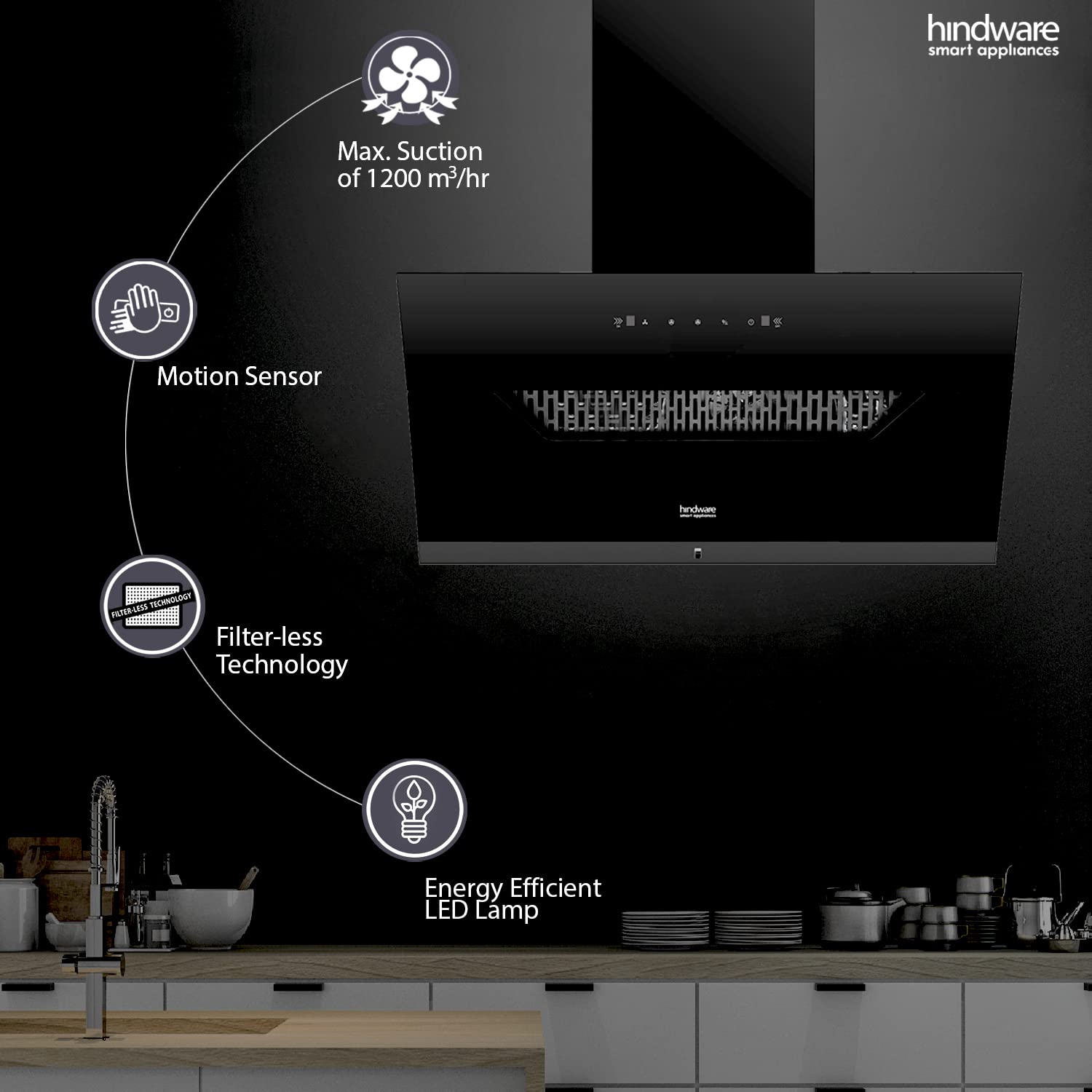 Hindware Olenna 90cm Kitchen Chimney (Autoclean, 1200m3/hr, Filterless, Motion Sensor, Black)