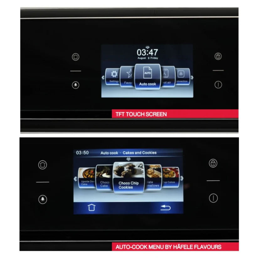 Hafele Iris TFT touch screen and Auto-cook menu by Hafele Flavours with cakes and cookies