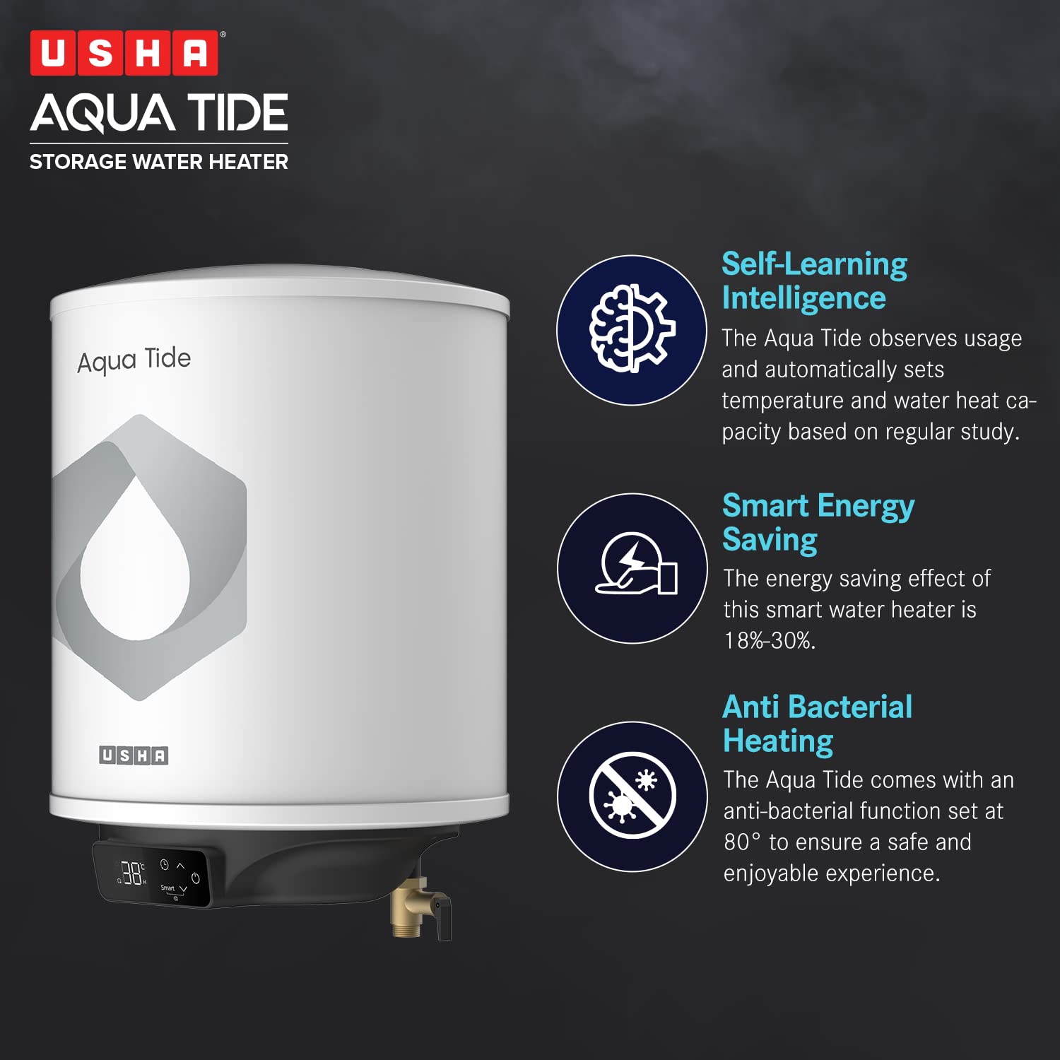 Usha Aqua Tide 25 Litre 5 Star Digital Storage Water Heater (White), Wall Mounting