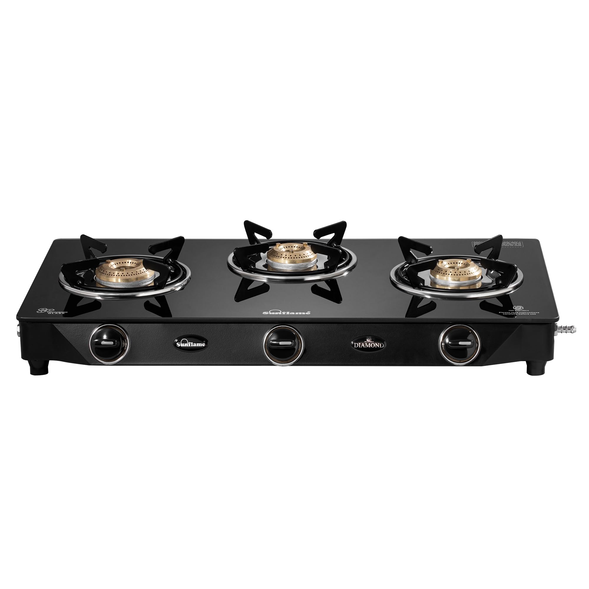 Sunflame Diamond 3 Burner Gas Stove | 1 Medium and 2 Small Brass Burners | 2-Years Product Coverage by Sunflame | Heat Resistant Ergonomic Knobs | Easy to Maintain l Toughened Glass Top