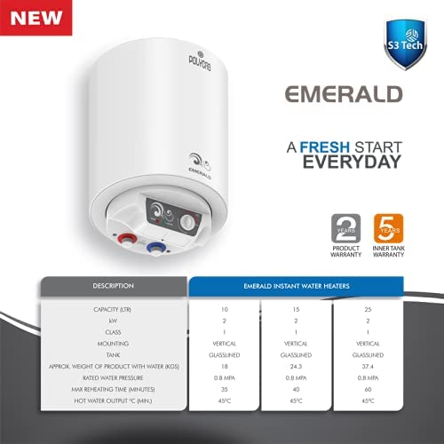 Polycab Emerald 15 litre Electric Storage Water Heater (Geyser) with 4 Star BEE Rating, Anti-rust tank, shock-proof body with advanced safety and 7 Year Inner Tank Warranty (White)