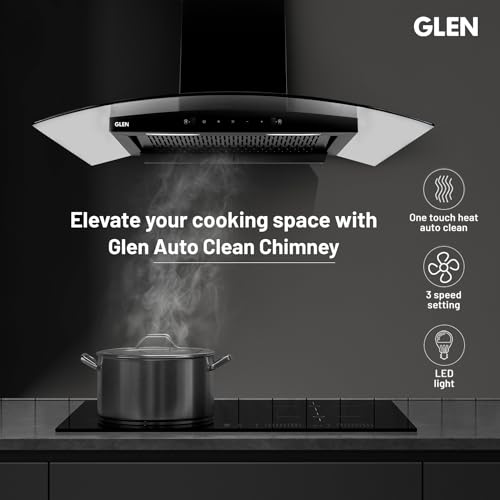 GLEN 90 cm 1200m3/hr Auto-Clean Filterless Curved Glass Kitchen Chimney With Motion Sensor+Touch Controls (Senza Black)