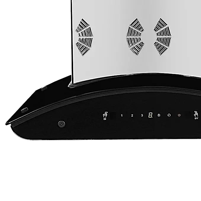 Side-angle close-up of the Faber Hood Everest Smart curved black glass front and control panel