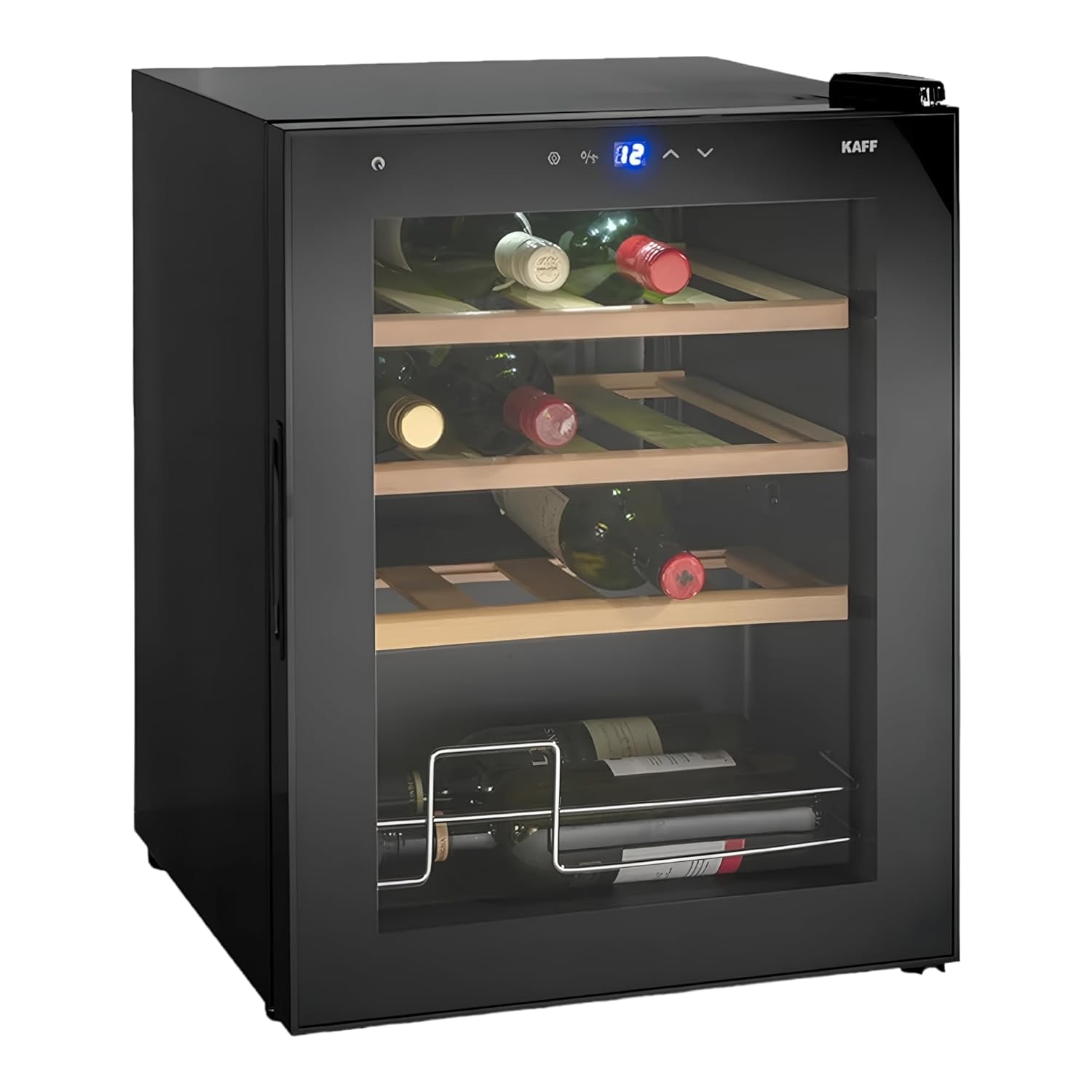 KAFF WC 48 TH BW | Capacity – 16 Bottles | Touch Control with LED Display | Auto Defrost | Memory Function | Child Lock | Black Glass Door | Wine Cooler
