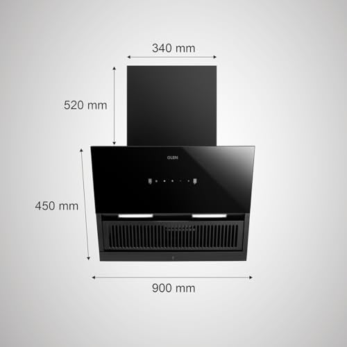 GLEN 90 cm 1200 m3/hr Auto-Clean Filterless Angular Glass Kitchen Chimney (Hood Neo Ex,Touch+Motion Sensor Controls,Black)