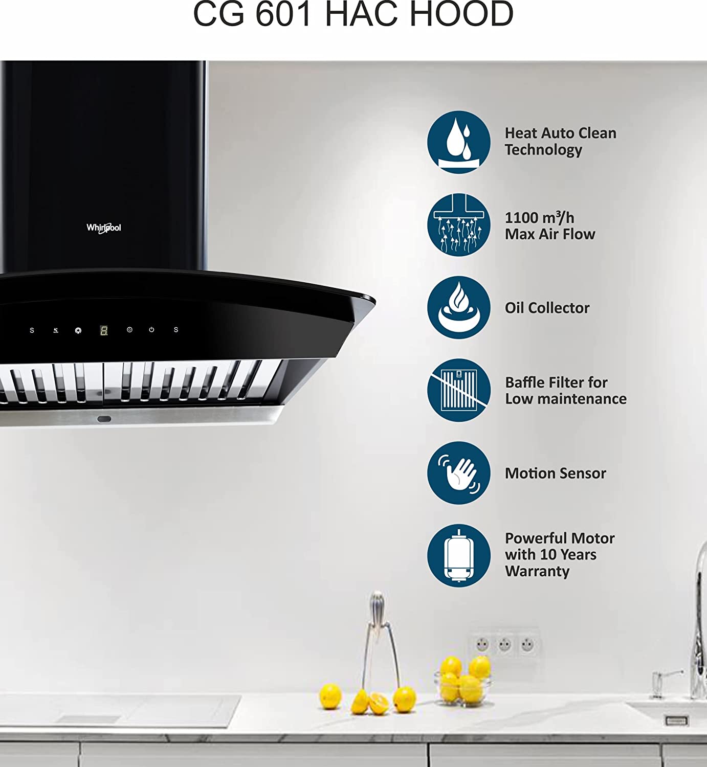 Whirlpool 60 cm 1100 m³/HR Auto-Clean Curved Glass Kitchen Chimney (CG 601 HAC HOOD, Baffle Filter, Touch Control, Black)
