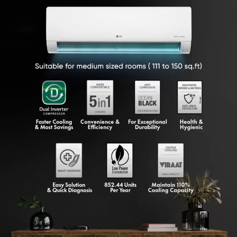 LG Convertible 5-in-1 Cooling 2023 Model 1.5 Ton 3 Star Split Inverter 2 Way Swing, HD Filter with Anti-Virus Protection AC - White (RS-Q18TNXE, Copper Condenser)